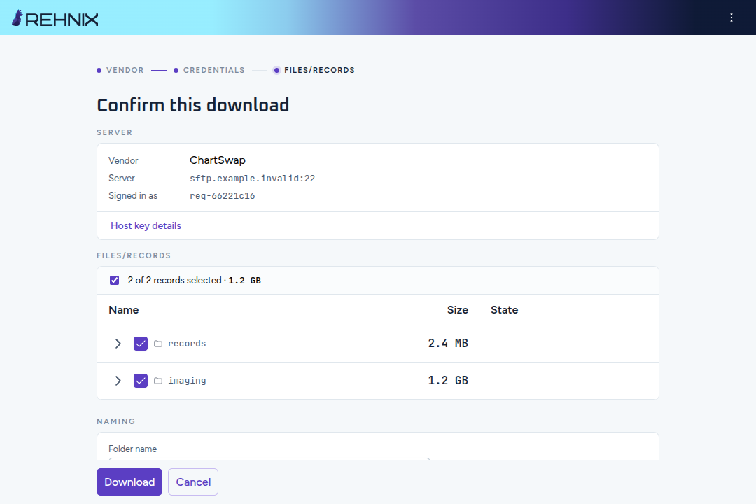 Rehnix confirming a download: the vendor, the server it signed in to, and the records it will save